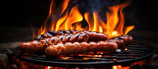 Two sausages grilling over fire.