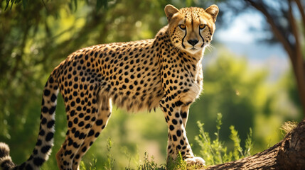 Beautiful spotted Cheetah standing on a green grass hill, AI Generative.