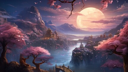 Majestic mountainous landscape, cherry blossoms in full bloom, temples amidst cliffs, full moon backdrop. Mystical landscapes and nature.