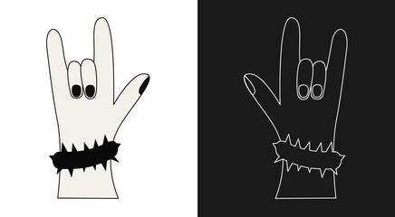 Rock hand gesture. Cartoon style. Outline vector illustration Isolated 
