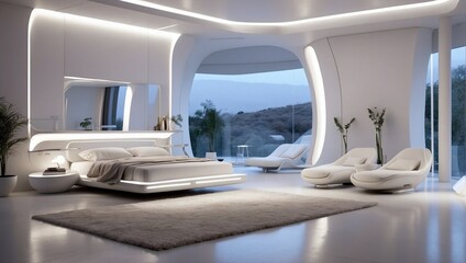 Fototapeta na wymiar Interior of a futuristic minimalist style room in light colors. Generative AI