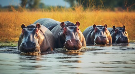Shot of group of hippos in the water