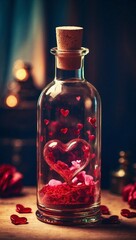 Obraz na płótnie Canvas Perfume bottle decorated with flowers and hearts. Valentine's day concept. Generative AI