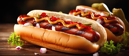 Tasty grilled hot dogs on a worn picnic table. - obrazy, fototapety, plakaty