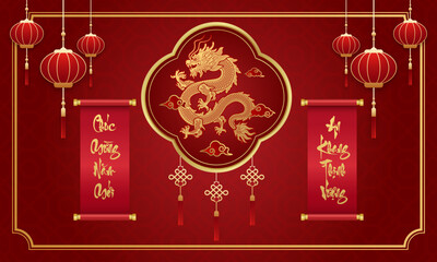 Vietnamese Dragon Hold Couplets To Wish Tet 2024 . Year of the dragon (Translation : Happy new year ) - obrazy, fototapety, plakaty