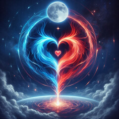 Fiery heart. Twin flame logo. Esoteric concept of spiritual love. Illustration on black background for web sites, wallpapers and much more. Created using generative ai tools