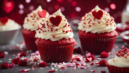 Red Velvet Cupcakes for Saint Valentine. AI generative.
