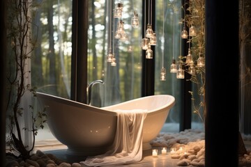 A bathtub surrounded by window curtains and tree.