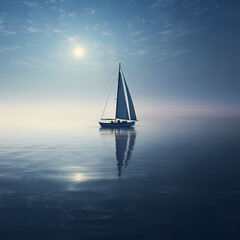 A lone sailboat on a calm and reflective sea.