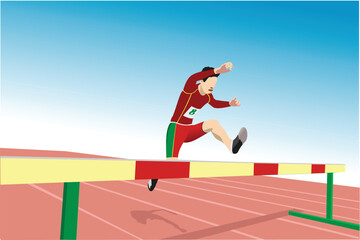 Athlet sprinting over hurdles in track and field. 3d vector illustration - obrazy, fototapety, plakaty