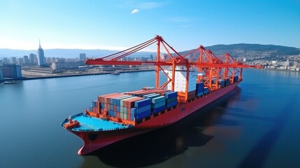 Aerial view of Container Cargo ship with working crane bridge in port.