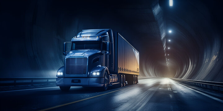 American style truck driving on the asphalt road at night created with generative ai technology
