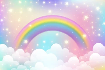 Tableaux ronds sur aluminium brossé Chambre denfants Rainbow unicorn background. Fantasy cloudy pink sky. Cute pastel vector scene with candy colors. Magic princess landscape with fairy stars and glitter.