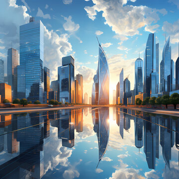 A modern city skyline with reflections in glass buildings.