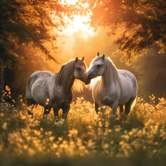 A pair of horses grazing in a sunlit meadow.