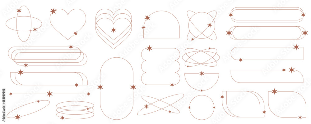 Poster aesthetic frames with stars. minimal outline shapes. y2k abstract arches and borders with sparkles. 