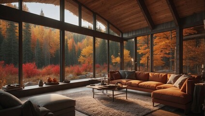 Fototapeta premium Rustic Charm: Cabin Interior Framing Beautiful Autumn Mountain Landscape. Generatiove AI
