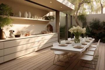 Fotobehang Modern beige kitchen along wall leading to sliding door with outdoor area, Modern simplicity. © visoot