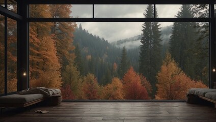 Fototapeta premium Living Space with Expansive Windows and Autumn Forest Scenery. Generative AI