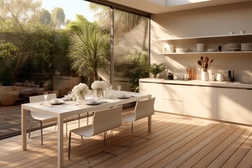 Fototapeta premium Modern beige kitchen along wall leading to sliding door with outdoor area, Modern simplicity.