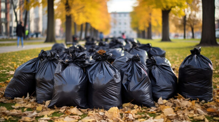 black garbage bags with foliage lie on ground for recycling