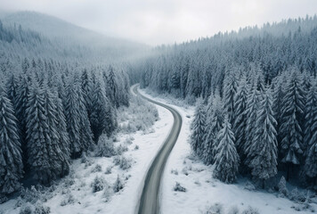 Fototapeta na wymiar Aerial view of snowy road in the middle of a beautiful forest, AI generated Images