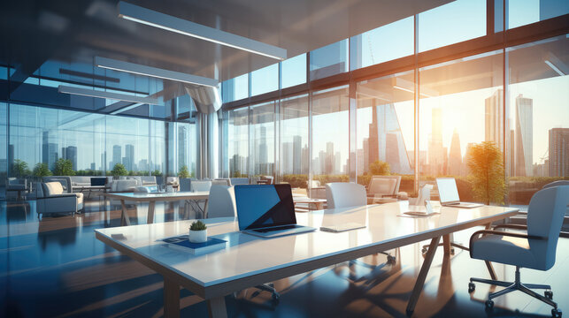 A light modern office interior with panoramic windows and beautiful lighting.