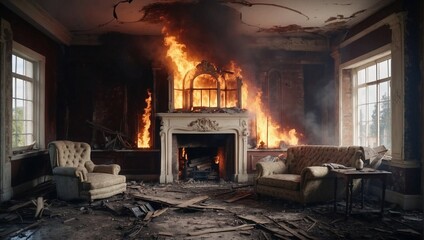  Interior of a Room Consumed by Intense Blaze. Generative AI