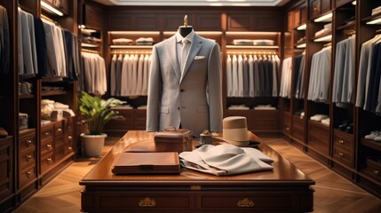 A luxurious walk-in closet, Treasure trove of sartorial elegance, A finely tailored suit jacket takes pride of place, Boutique shop. - obrazy, fototapety, plakaty