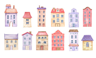 Hand drawn watercolor European city houses set. Hand drawn building facade isolated on white background