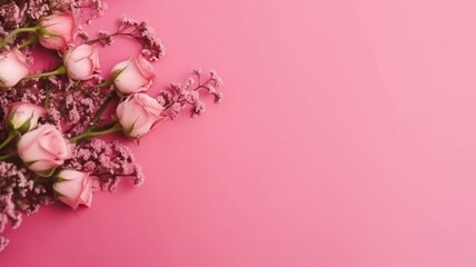 pink roses and Baby's breath on light pink background image, copy space for product display, text, card, template. Generative AI