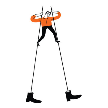 Young man walking on stilts to standing out from the crowd.