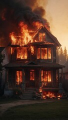 Emergency Scene: House on Fire with Smoke and Flames. Generative AI