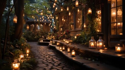 Fototapeta na wymiar A whimsical garden with fairy lights and lanterns illuminating the path.
