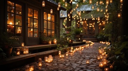 A whimsical garden with fairy lights and lanterns illuminating the path.