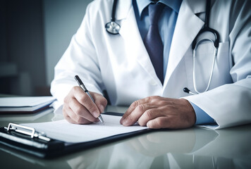 Close-up of a doctor taking notes, AI generated Image - obrazy, fototapety, plakaty