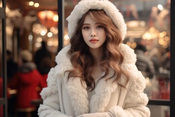 Korean woman in a coarse white lamb wool coat stands in front of the cafe, Christmas decorations.