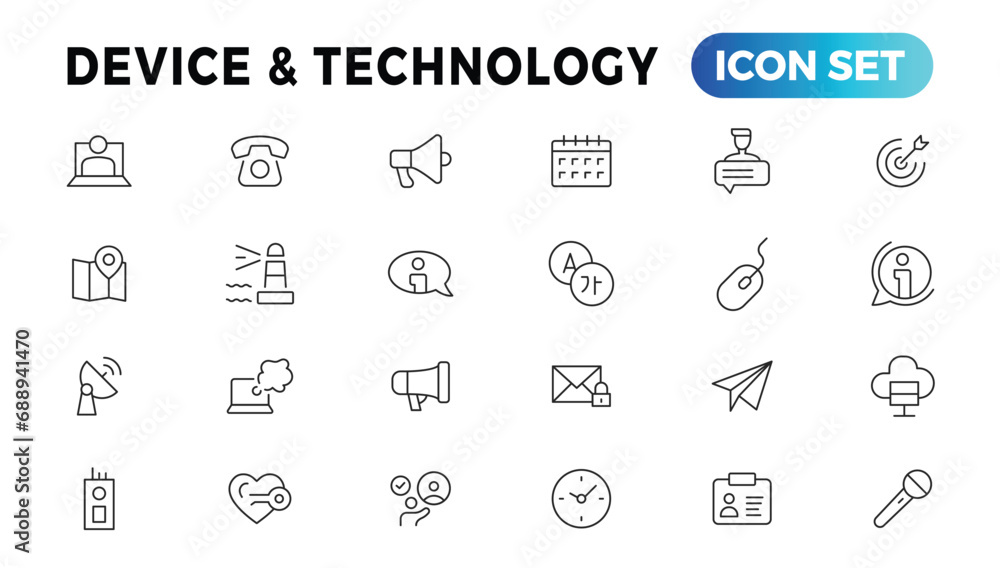Poster device and information technology line icons collection. big ui icon set in a flat design. thin outl
