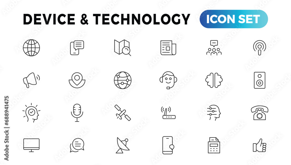 Aufkleber device and information technology line icons collection. big ui icon set in a flat design. thin outl