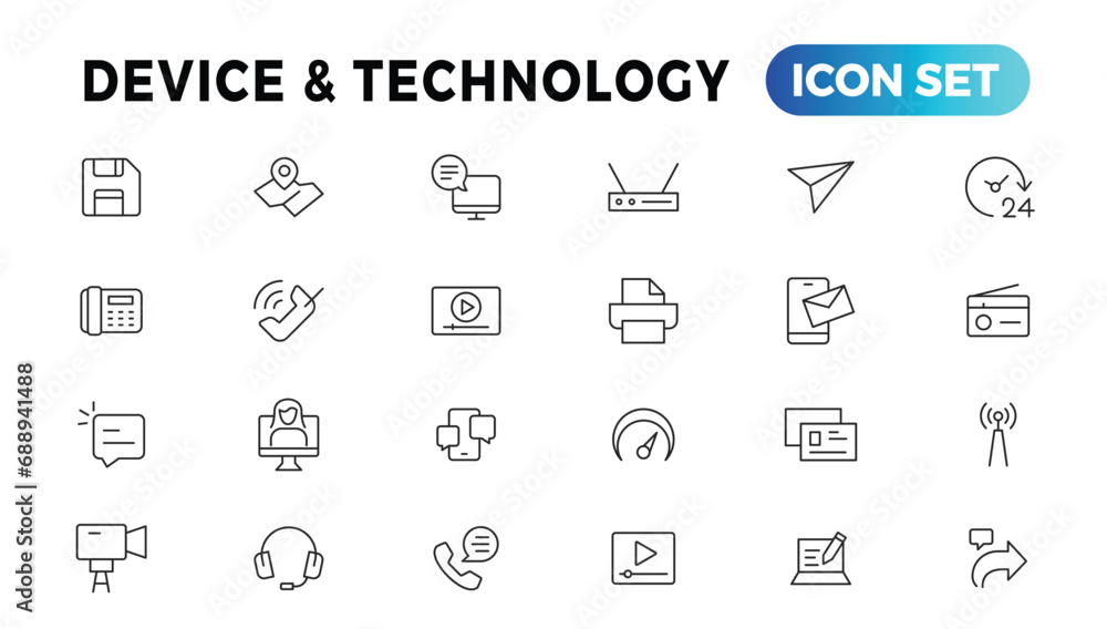 Aufkleber device and information technology line icons collection. big ui icon set in a flat design. thin outl