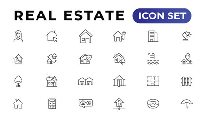 Real Estate minimal thin line web icon set. Included the icons as realty, property, mortgage, home loan and more. Outline icons collection.