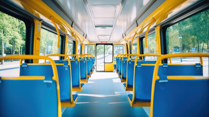 Fototapeta premium Interior design of a modern bus. Empty bus interior. Public transport in the city. Passenger transportation. Bus with blue seats and yellow handrails.