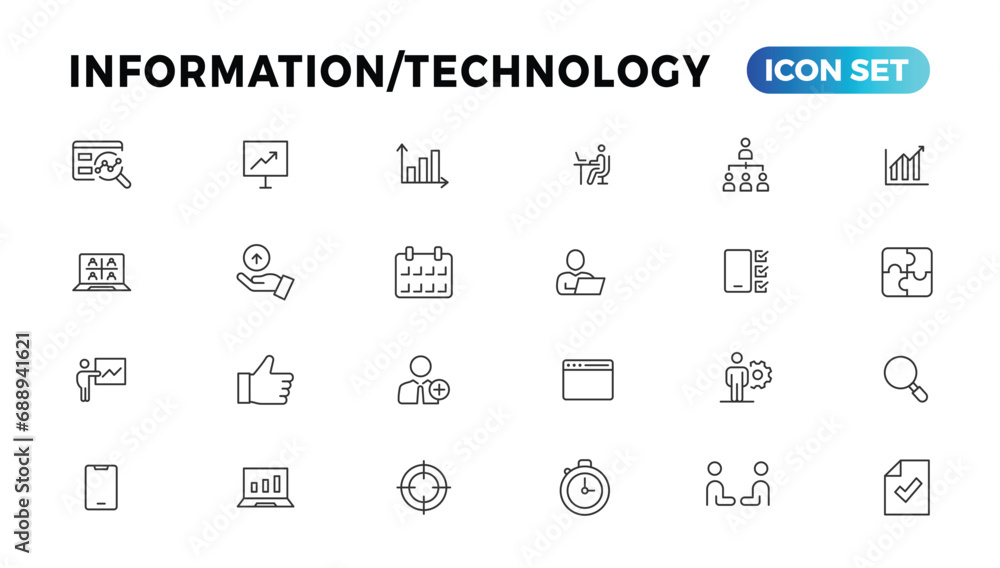 Poster device and information technology line icons collection. big ui icon set in a flat design. thin outl