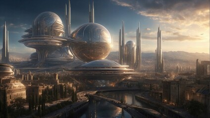 Naklejka premium Fantastical Civilization: A Fusion of Magic and Technology. Generative AI