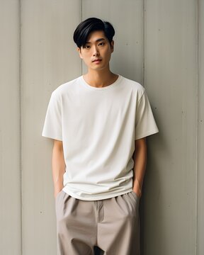 Asian male model portrait in white t shirt tee fashion minimal style