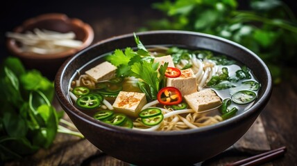 Vietnamese pho with tofu, green herbs, and chili slices in a dark bowl - obrazy, fototapety, plakaty