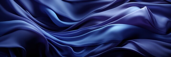 Silk satin fabric. Navy blue color. Abstract dark elegant background with space for design. Soft wavy folds. Drapery. Gradient. Light lines. Shiny. Shimmer. Glow. Template. Wide banner. Panoramic