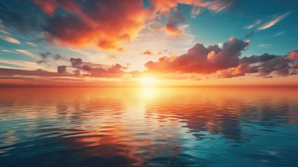 Poster Vivid sunrise over ocean with dramatic clouds and sun reflecting on water © Artyom