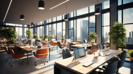 Co-working space office and sharing desk in corporate workspace.
