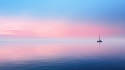 Serene sea at dawn with a solitary sailboat and pastel-colored sky - obrazy, fototapety, plakaty